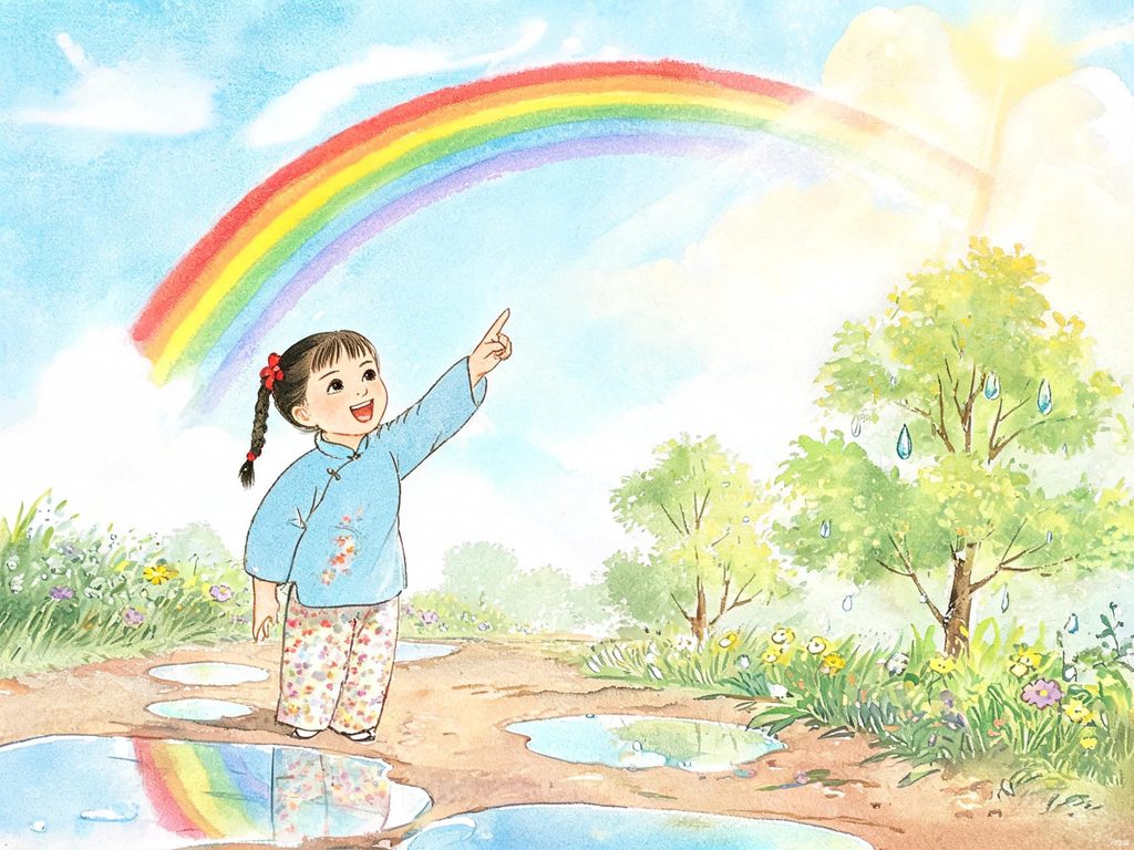 雨后彩虹桥插画，孩子在彩虹前想象