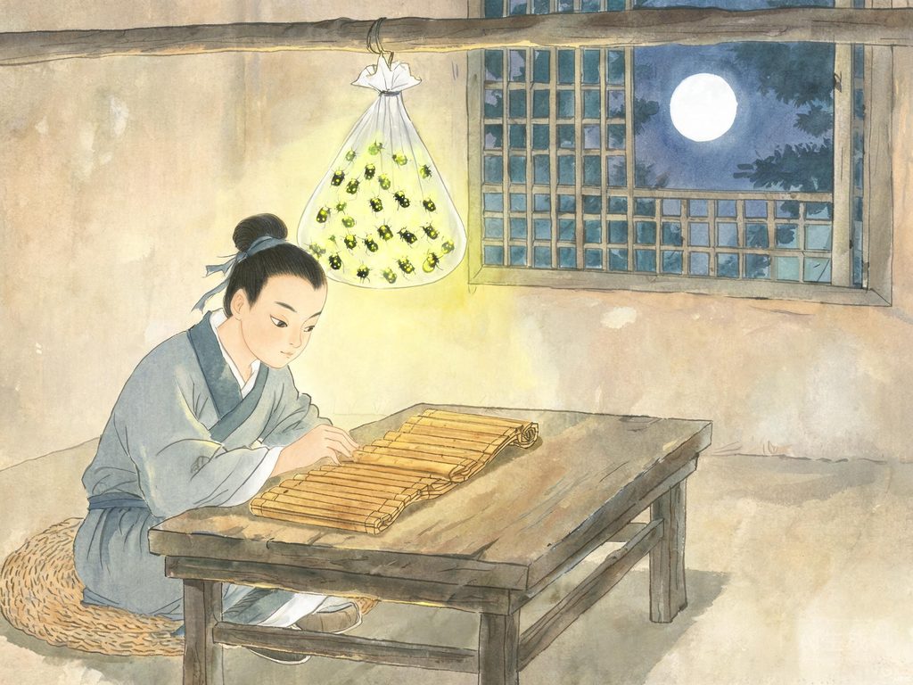 车胤借萤火虫光读书的插画