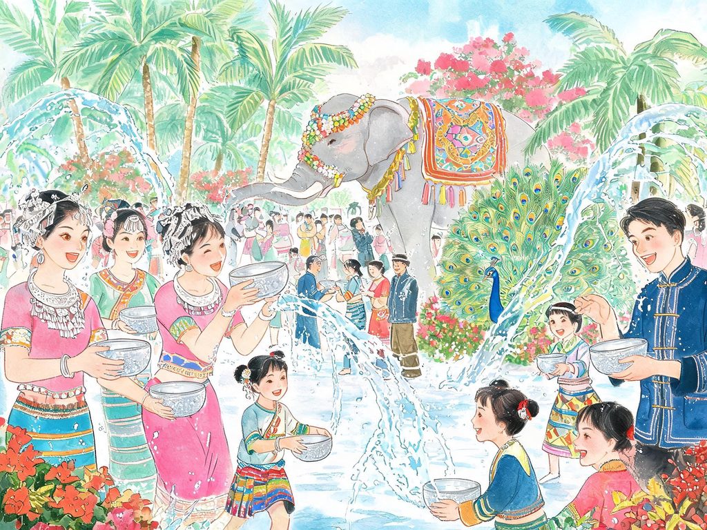 周总理和傣族人民一起泼水欢庆的插画