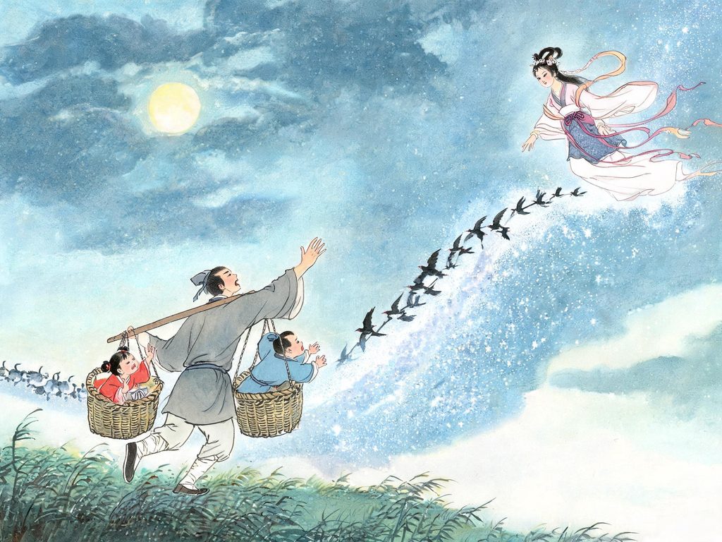 牛郎织女鹊桥相会的温馨插画