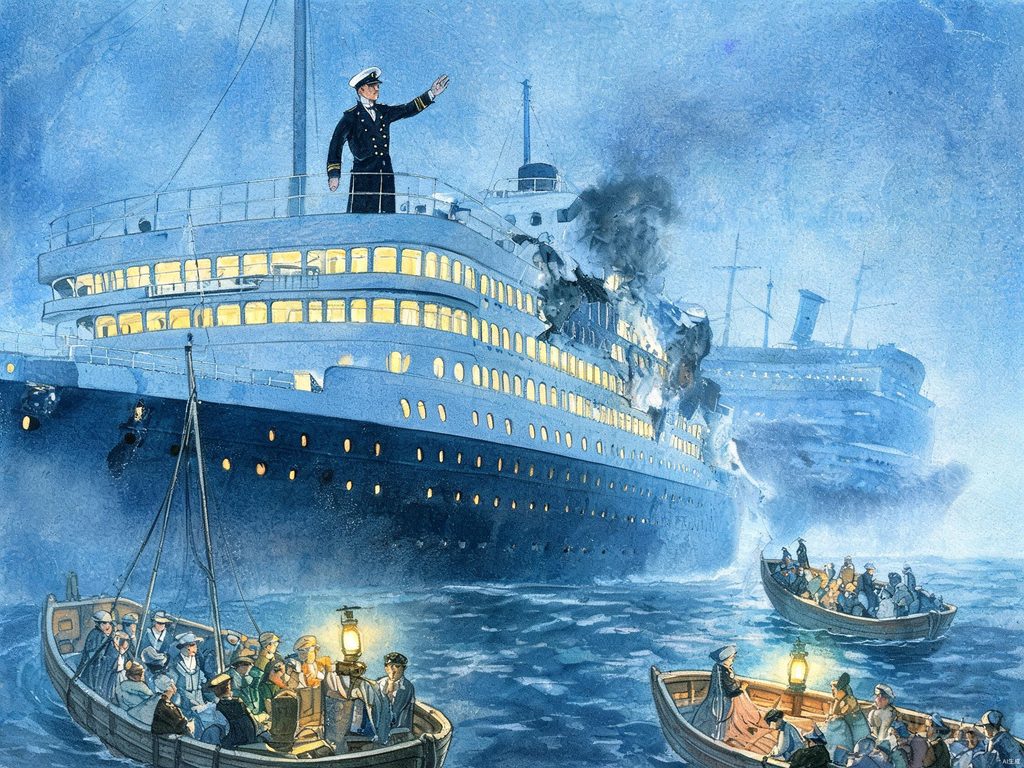 夜海中诺曼底号与救生艇的画面