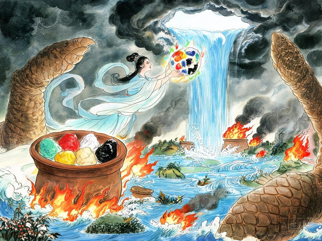 女娲炼五色石补天的壮丽神话场景插画