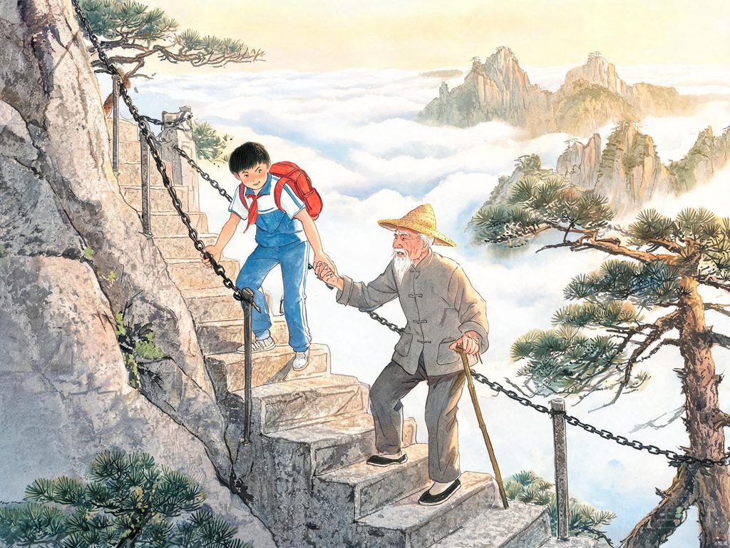 黄山天都峰陡峭石阶、孩子与老爷爷互相鼓励攀登插画