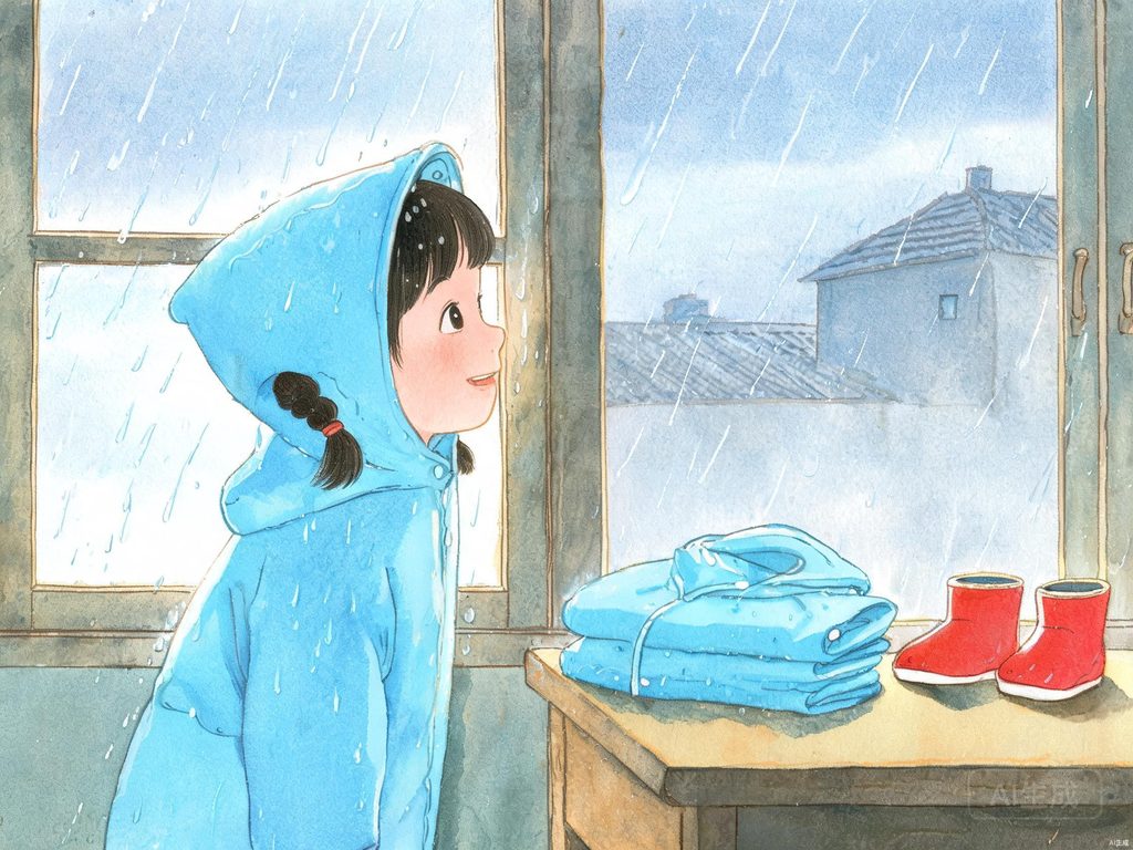 一个孩子趴在窗台上望着天空，旁边挂着一件绿色的新雨衣