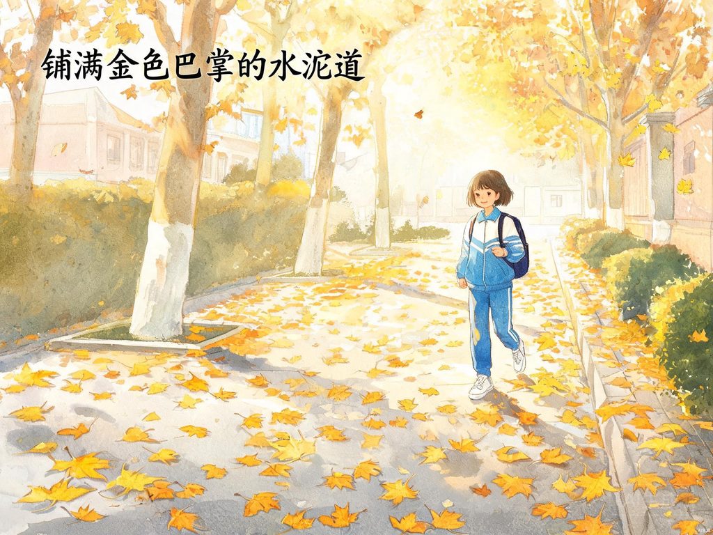 水泥道上铺满金色梧桐落叶的画面