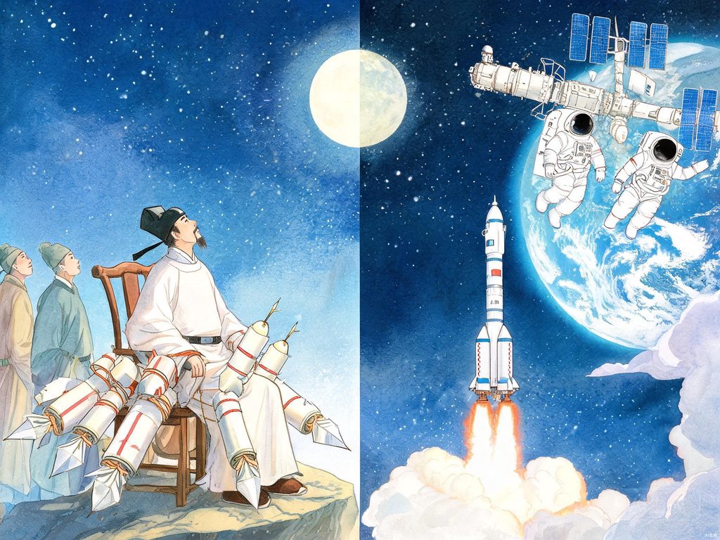 古代飞天梦与现代火箭飞船的画面