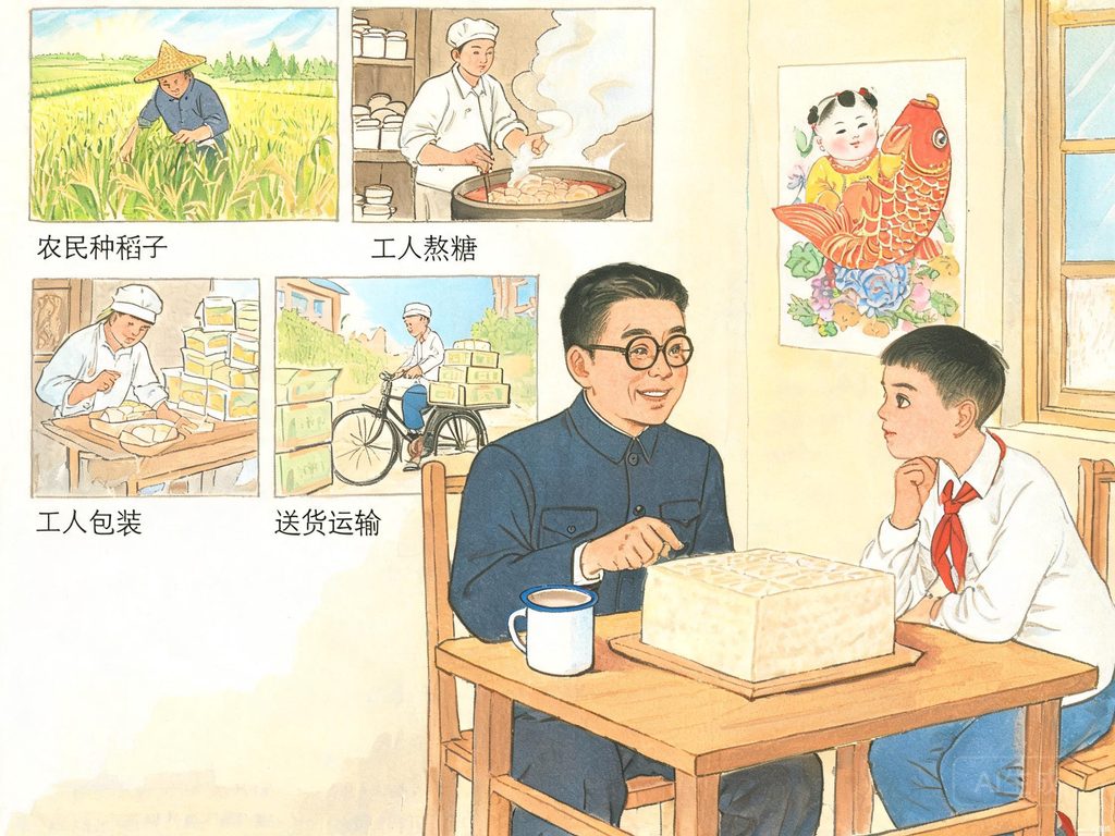 一块米糕和它背后许多劳动者的插画