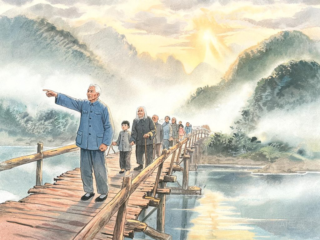 洪水中老支书指挥村民过木桥、最后牺牲的感人场景插画