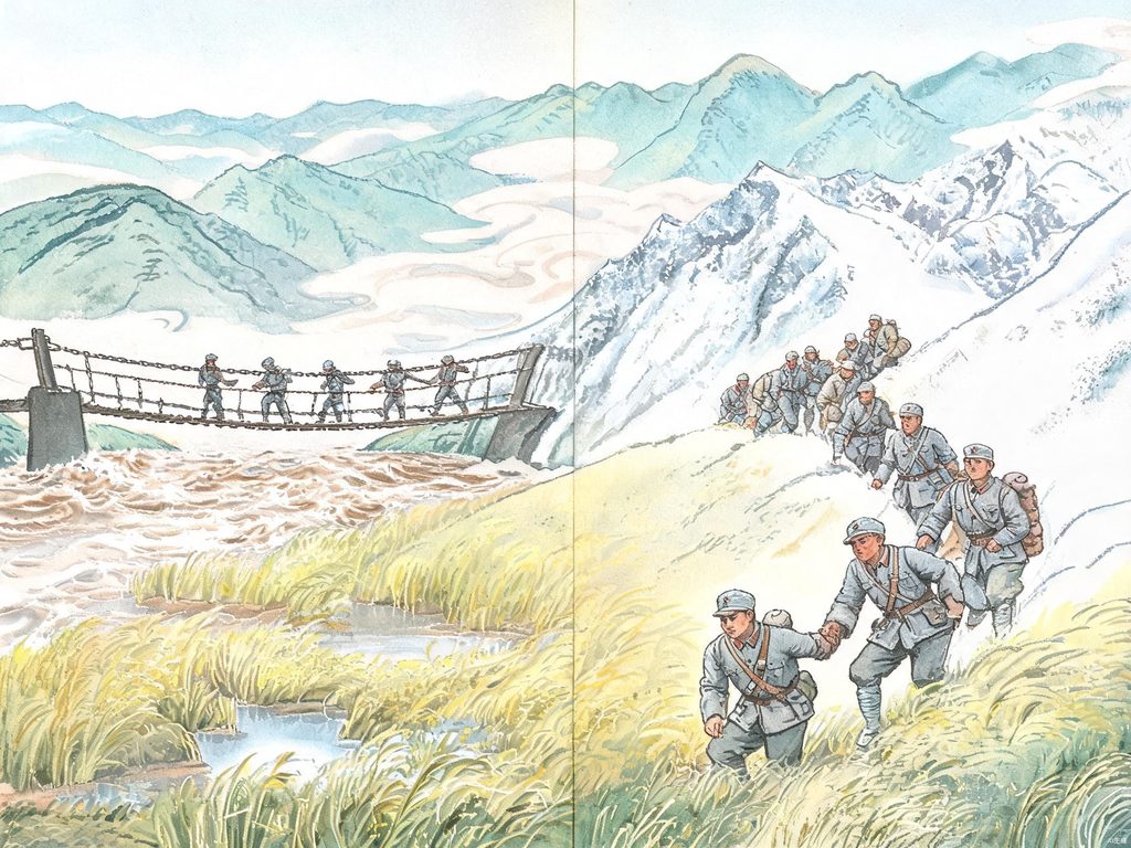 红军长征路线、雪山草地、五岭乌蒙金沙大渡岷山插画