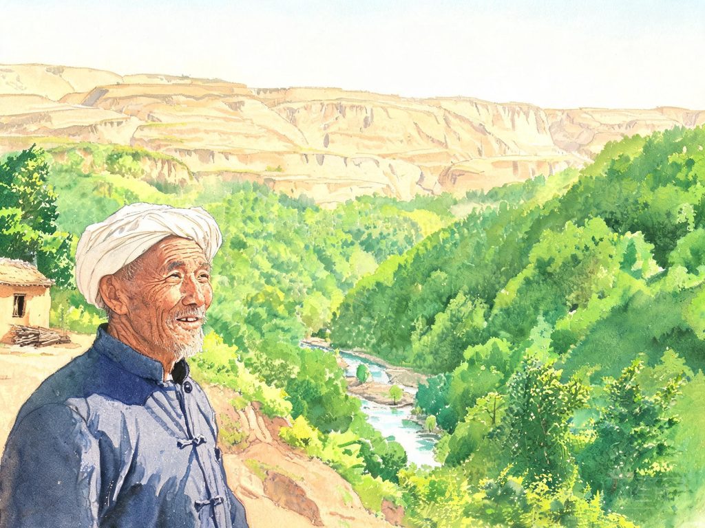 老人在山坡上种树、身后青山连绵的插画
