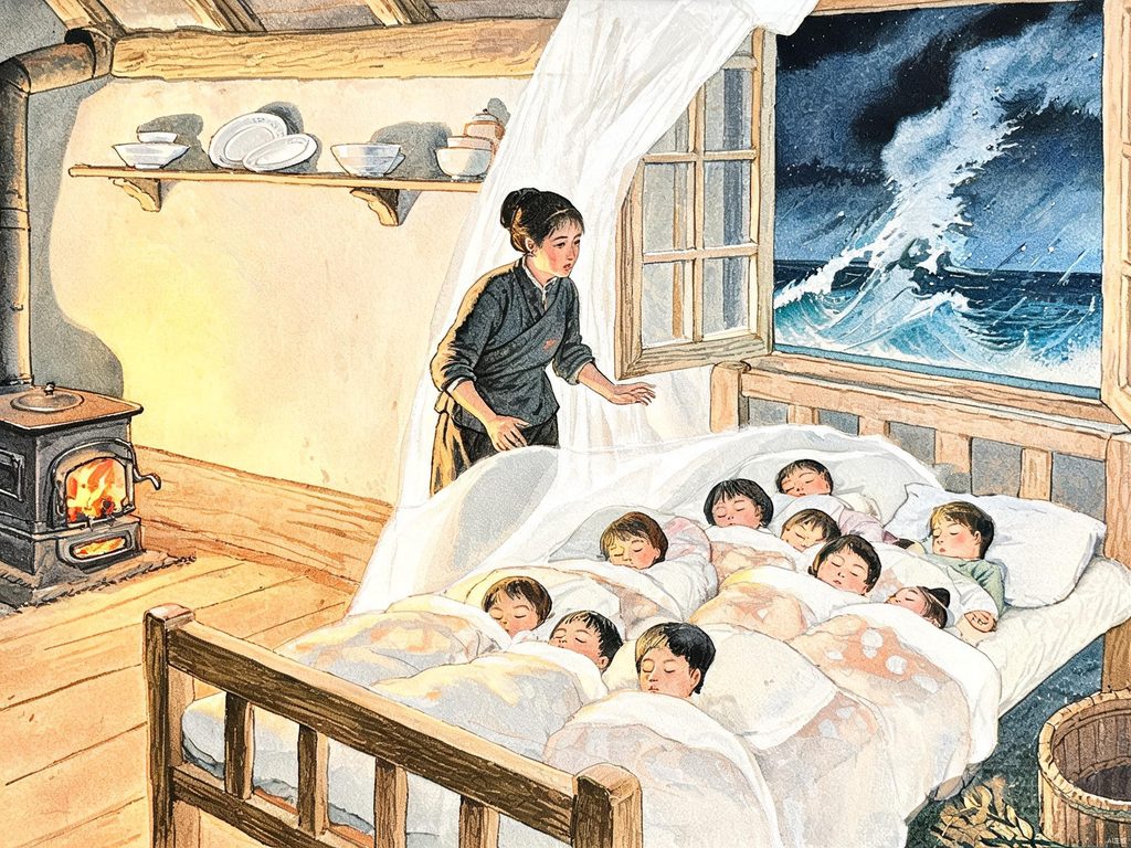 渔夫妻子在风暴夜收养邻居孤儿的插画