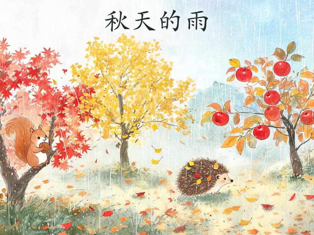 秋雨打开秋天大门五彩缤纷插画