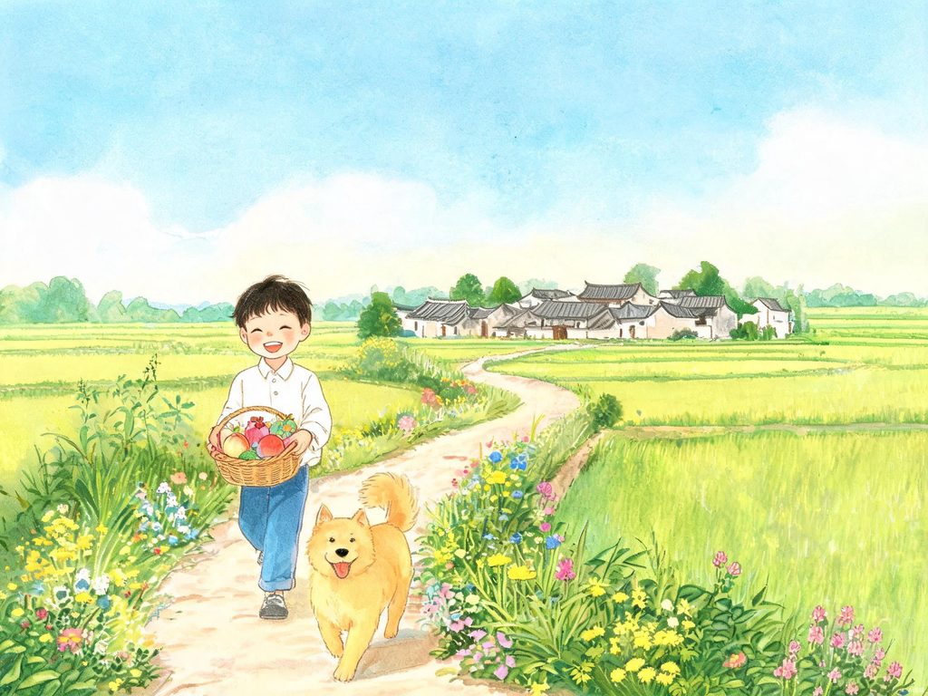 小朋友牵着妈妈手走在乡间小路去外婆家的插画