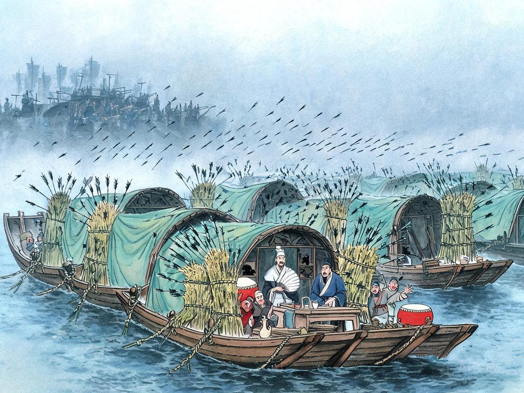 江面、草船和箭雨插画