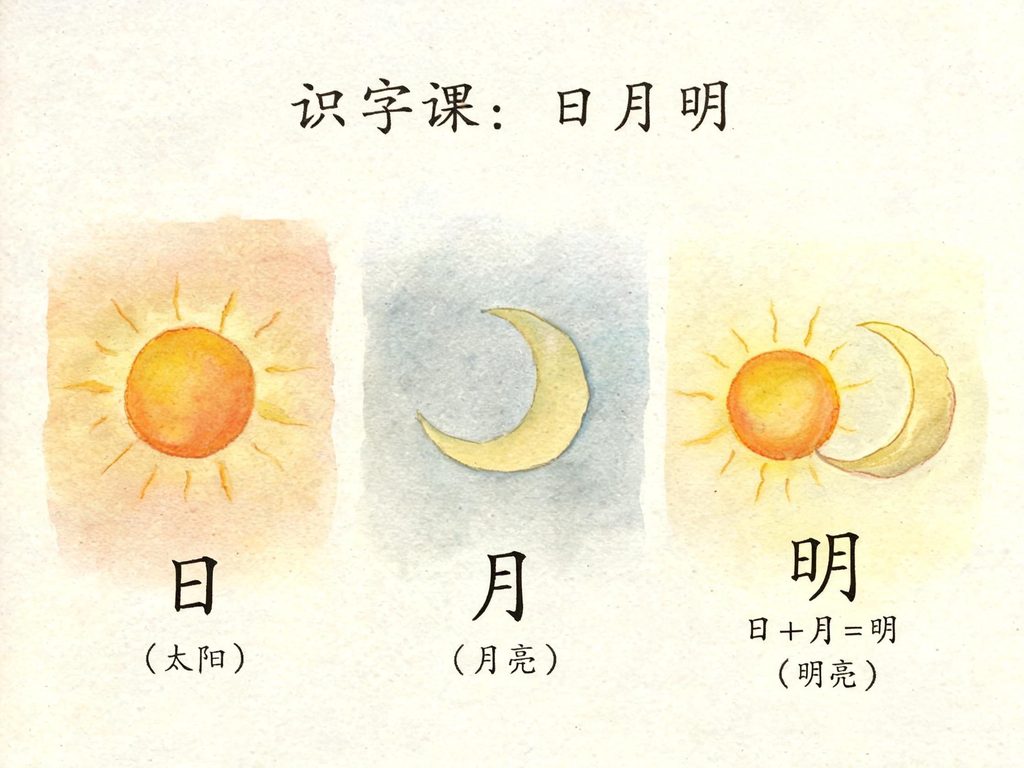 日月明田力男等会意字拼搭的插画