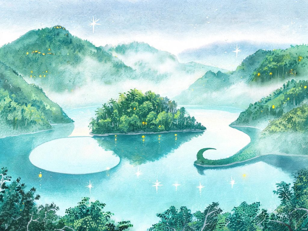 日月潭湖光山色插画，北潭如日、南潭如月