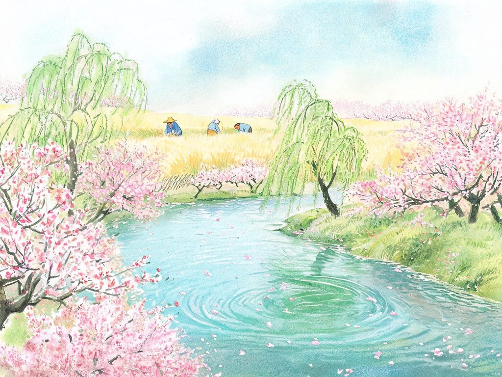 春日桃花盛开与溪水流淌的画面