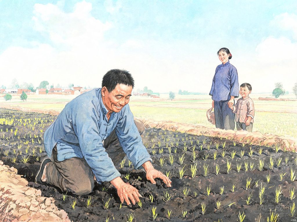 农民三黑翻地播种、脸上洋溢喜悦的插画