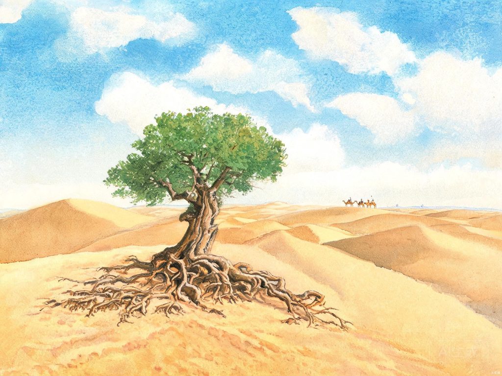 沙漠中挺立的胡杨树插画
