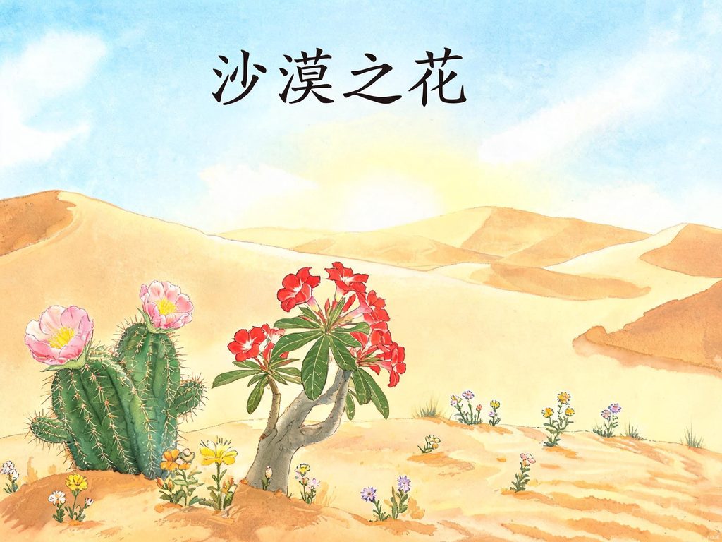 沙漠中盛开的短命花与仙人掌插画