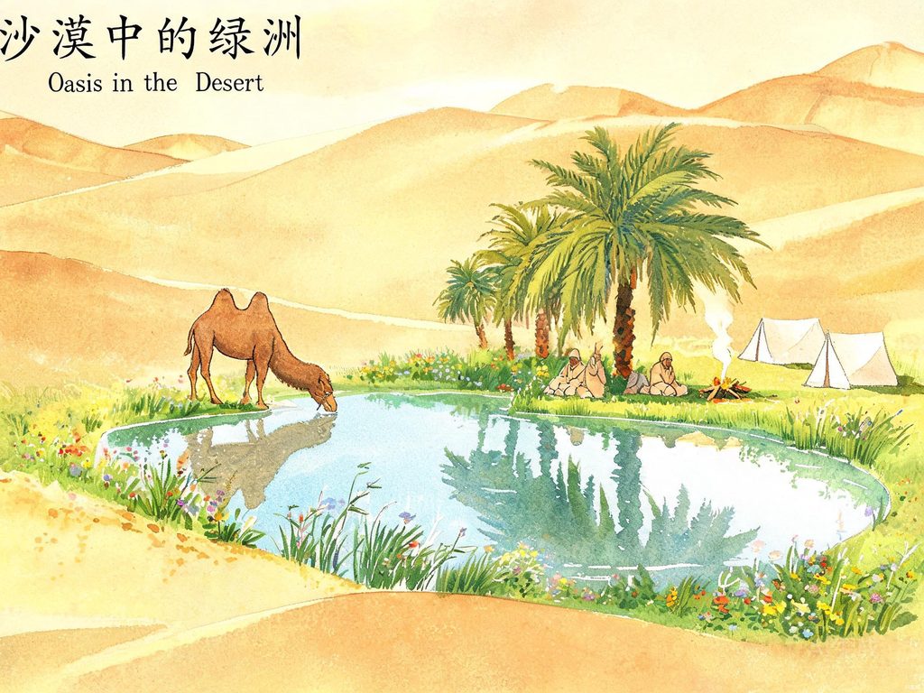 沙漠中绿洲和椰枣树插画