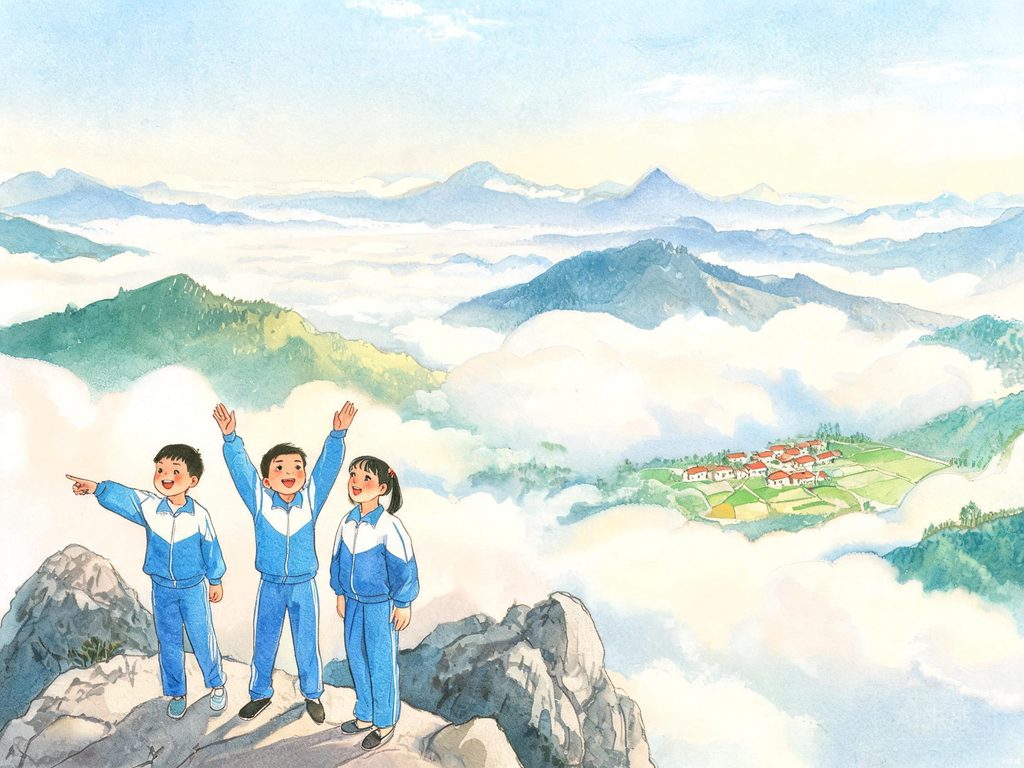 登山者站在山顶远眺云海群山的散文插画
