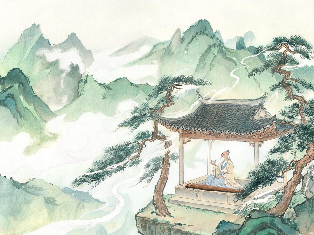 山风吹过松林和溪涧的自然插画