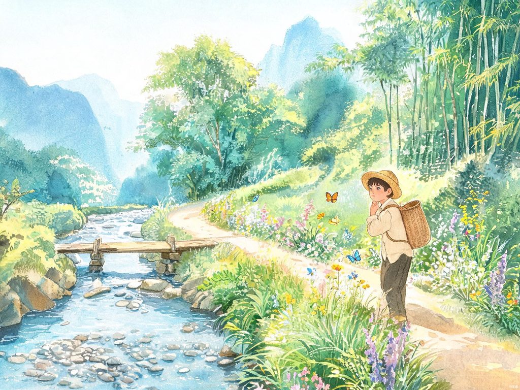 山间小路、溪流与远山的插画
