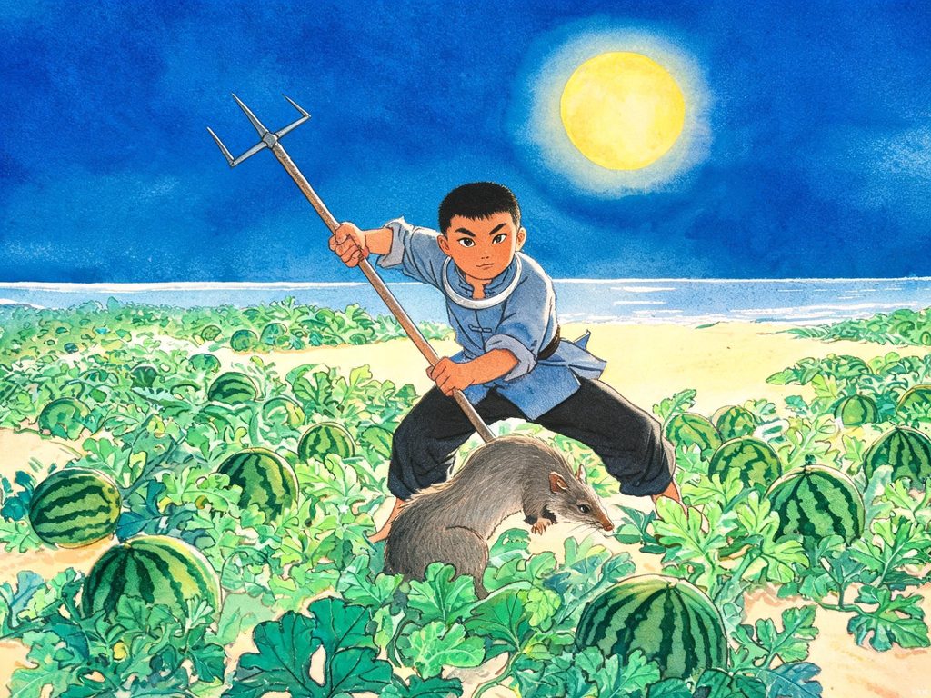 少年闰土、月夜和瓜地插画