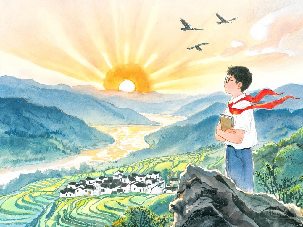 少年、书页和初升太阳插画