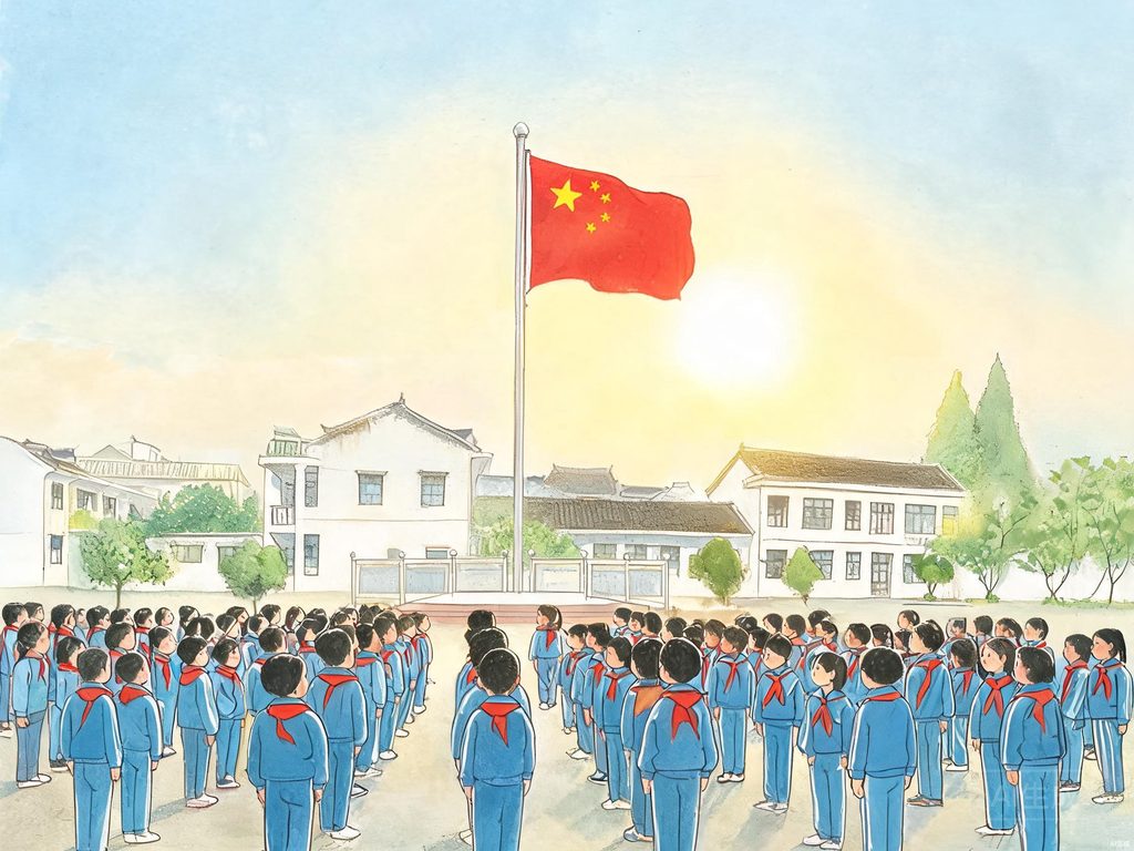 操场上五星红旗升起学生敬礼的插画