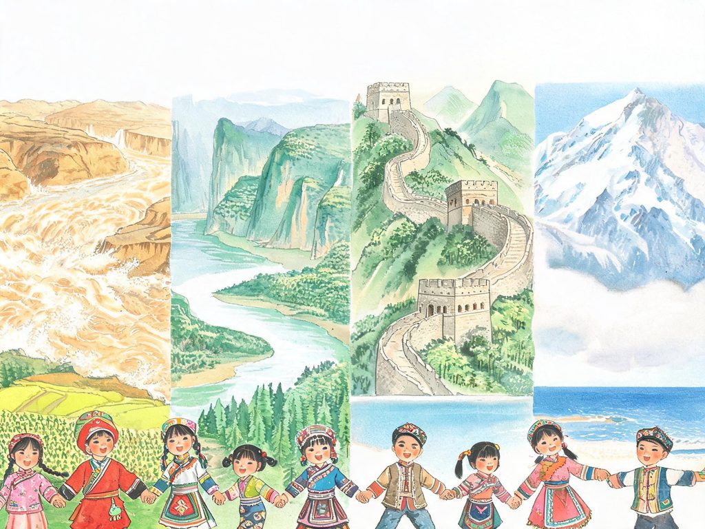 神州大地山川插画：黄河、长江、长城、珠峰