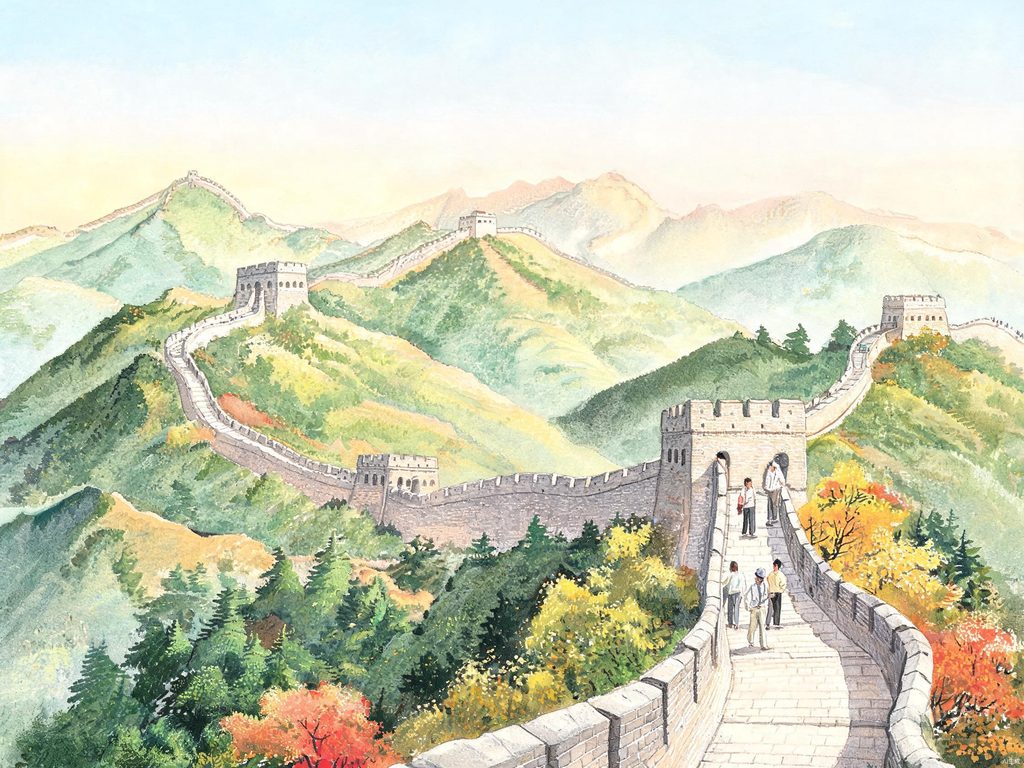 长城蜿蜒在山脊上的插画