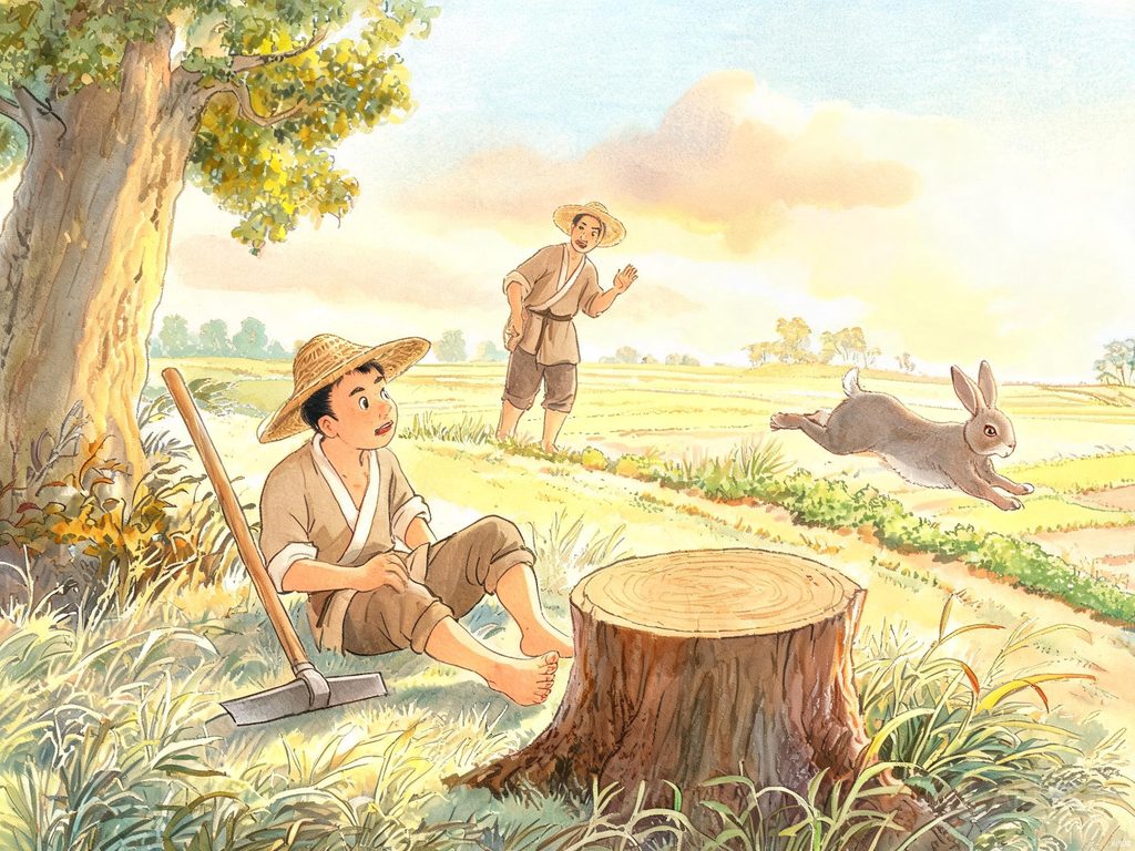 农夫守着树桩等待兔子插画