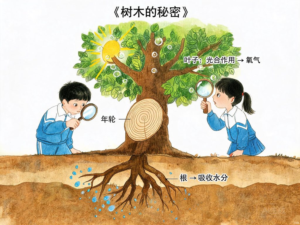 大树剖面展示年轮根系与水分输送的科学插画