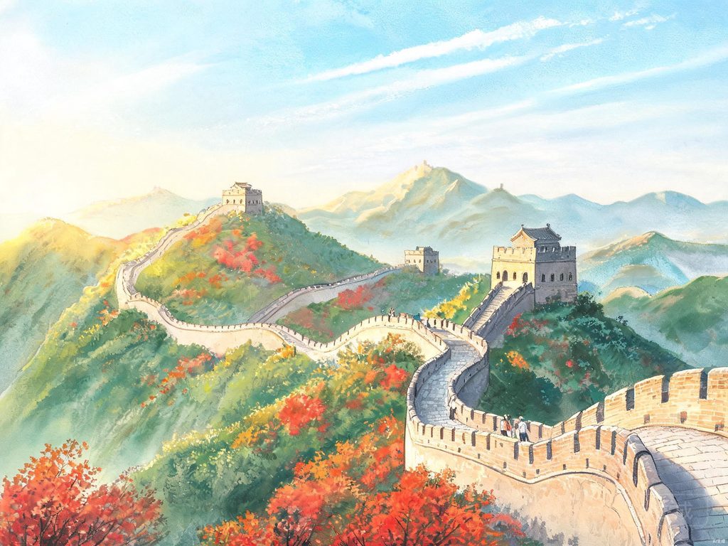 长城蜿蜒于群山之上的插画