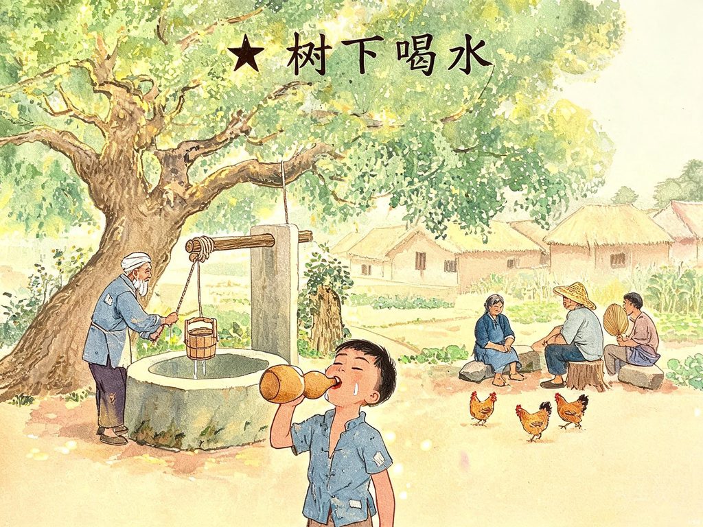 大树下人们围着石槽喝凉水的夏日生活插画