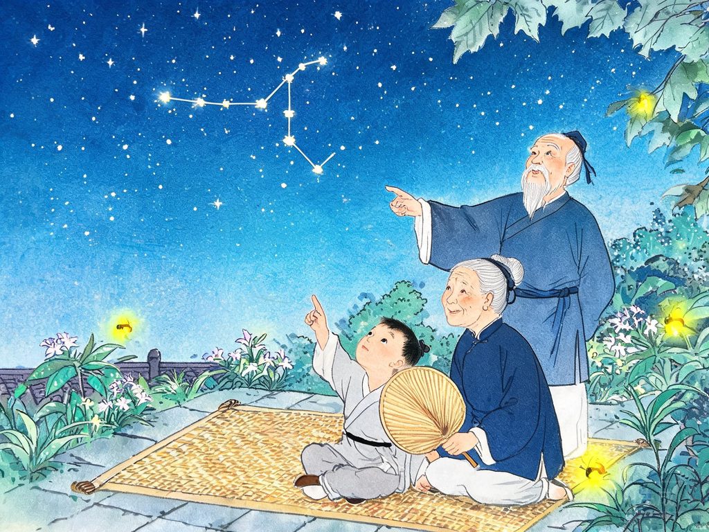 孩子仰望星空数星星的插画