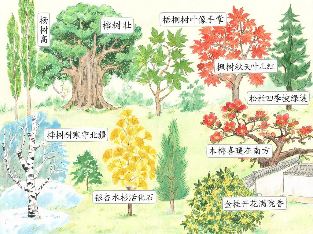 各种树木排成一排：高高的杨树、大大的榕树、金黄的梧桐、结果的木棉