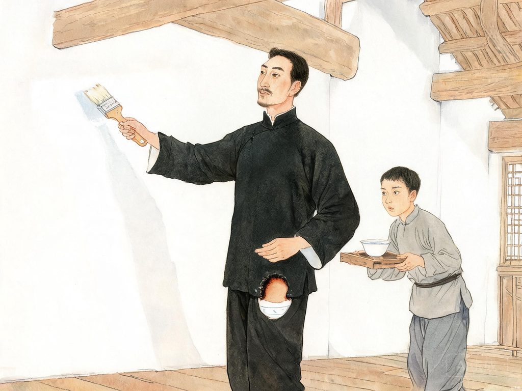 刷子李穿黑衣刷白墙的技艺插画