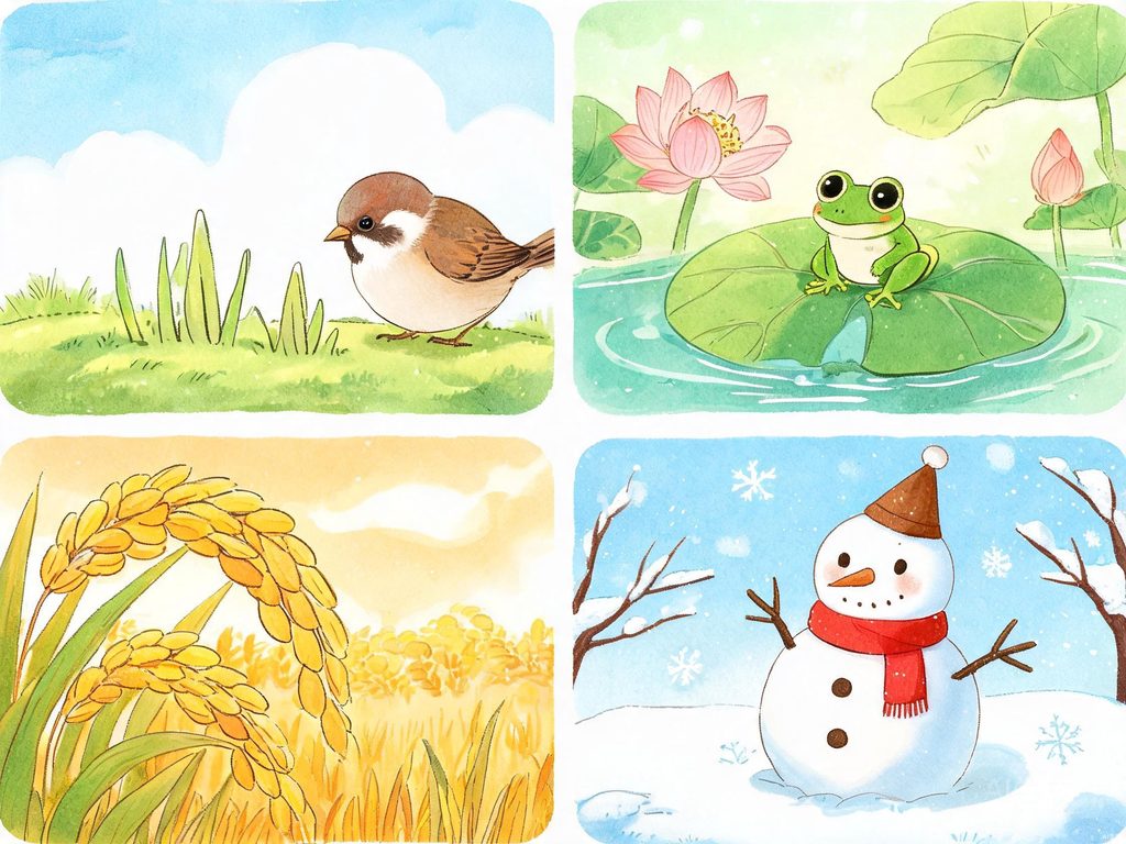 四季场景插画：春草、夏荷、秋穗、冬雪人