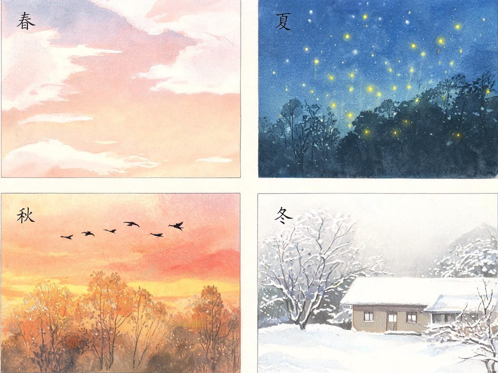 四季最美时刻插画：春黎明、夏夜晚、秋黄昏、冬早晨