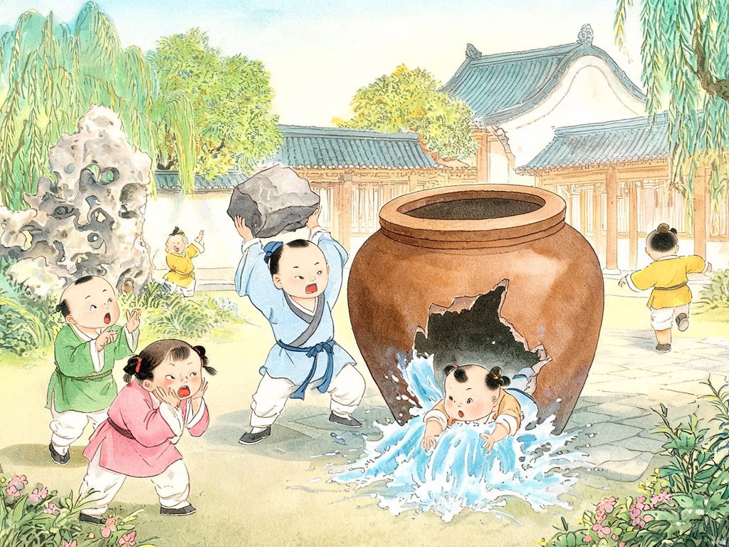 庭院水缸与石头插画