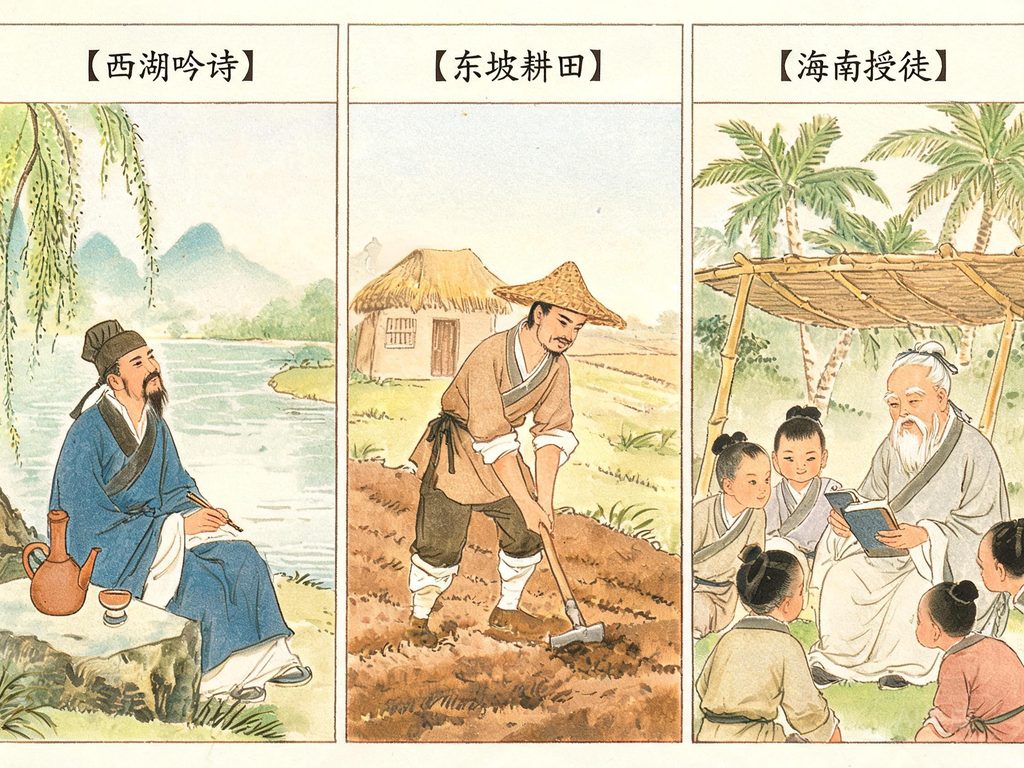 苏轼戴斗笠站在竹林前的插画