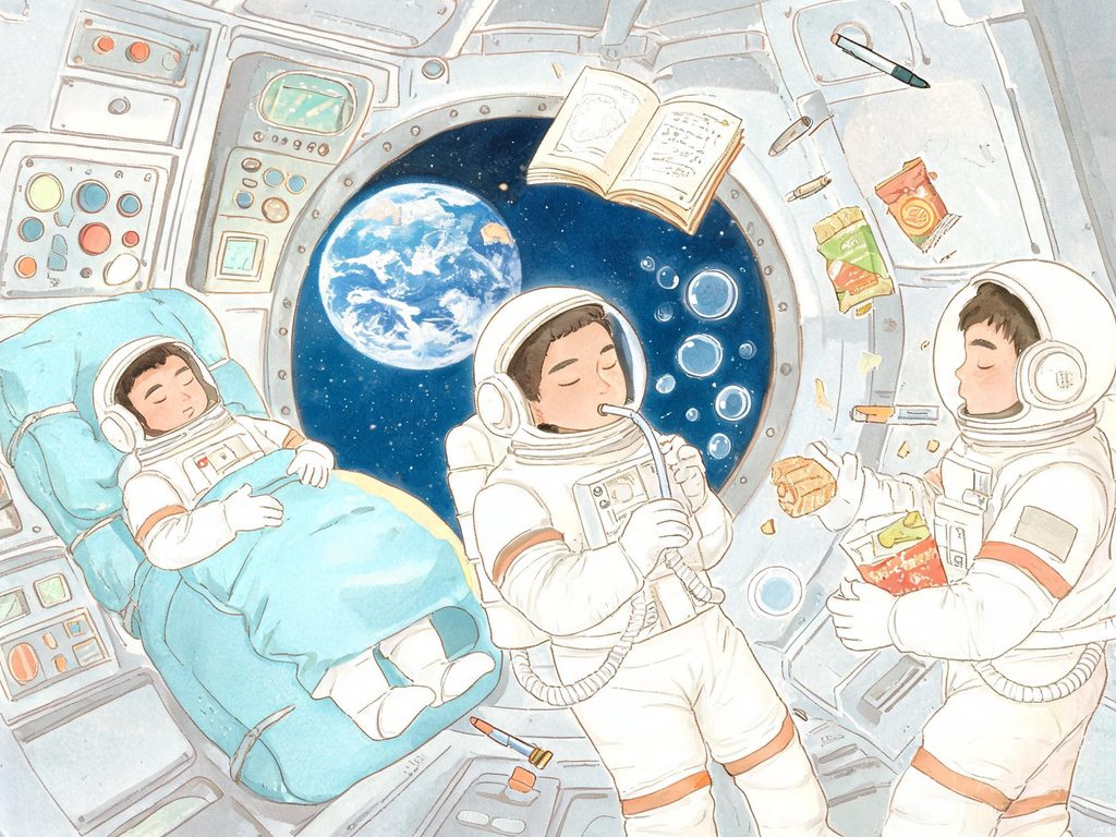 宇航员在太空舱中失重漂浮、喝水吃饭的趣味场景插画