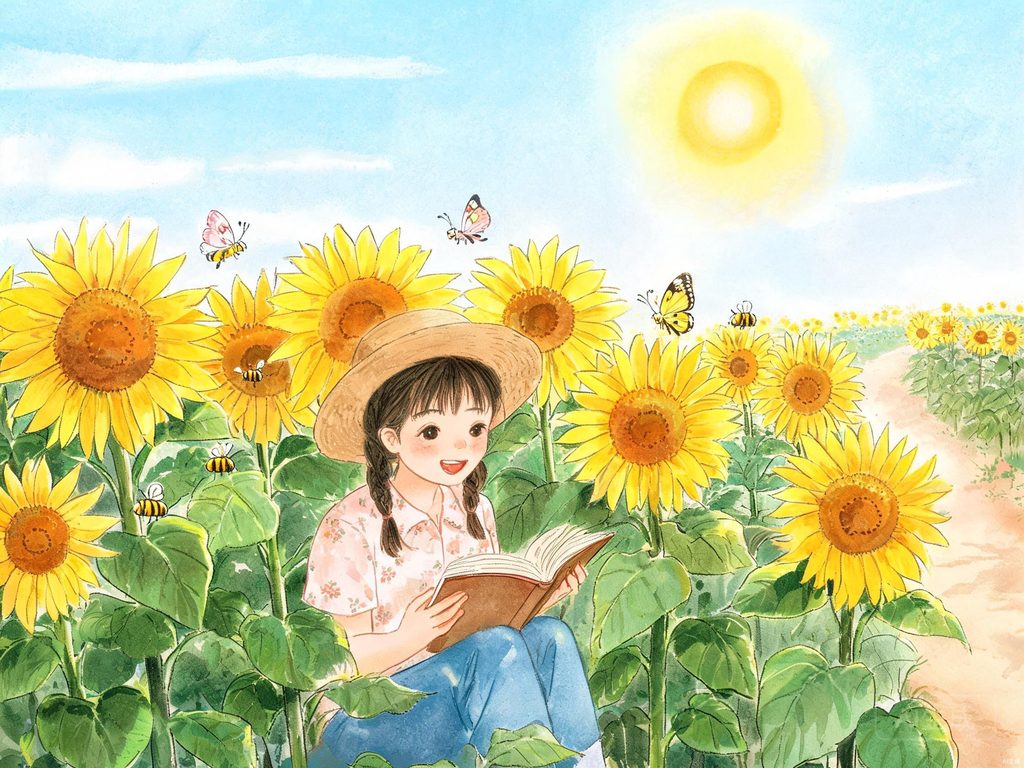 阳光下盛开各色太阳花的花园插画