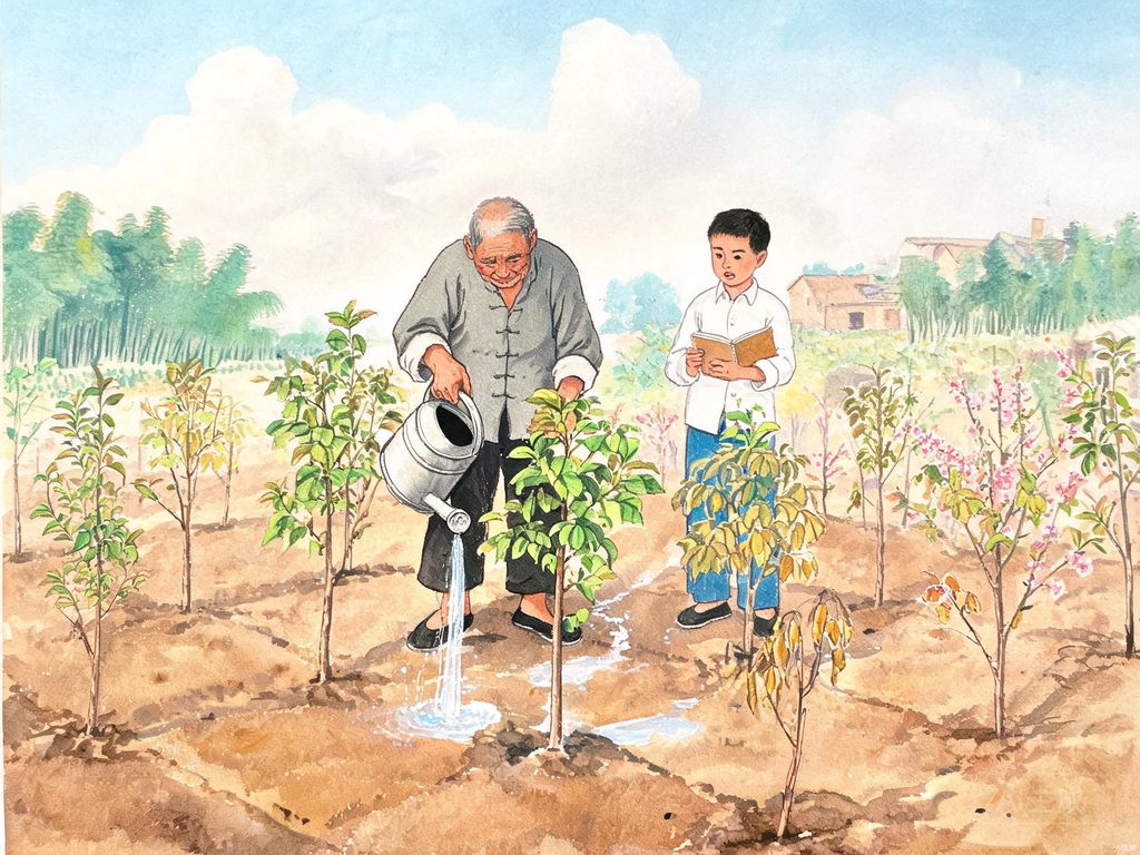 桃花心木树苗和种树老人插画