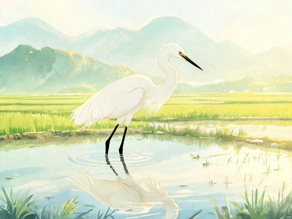 白鹭在水田中站立、低飞、瞭望的优美姿态插画