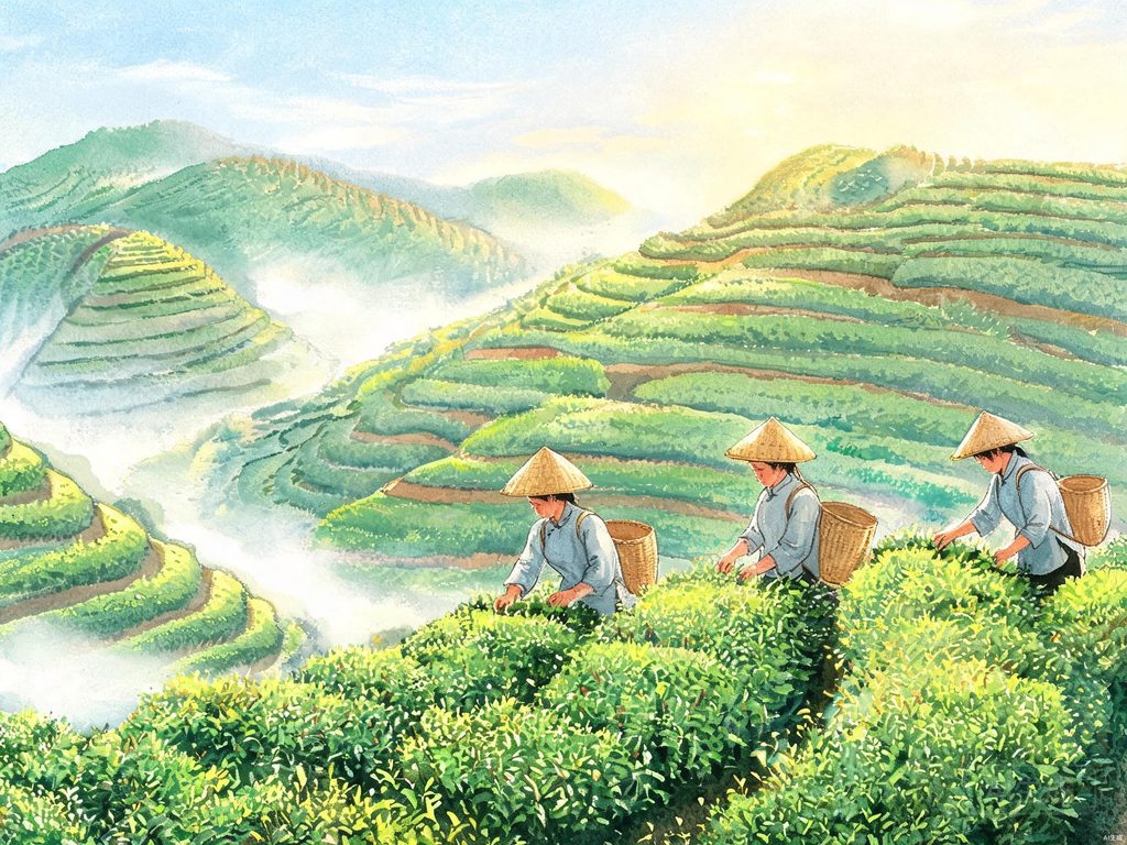 茶山梯田和采茶场景插画