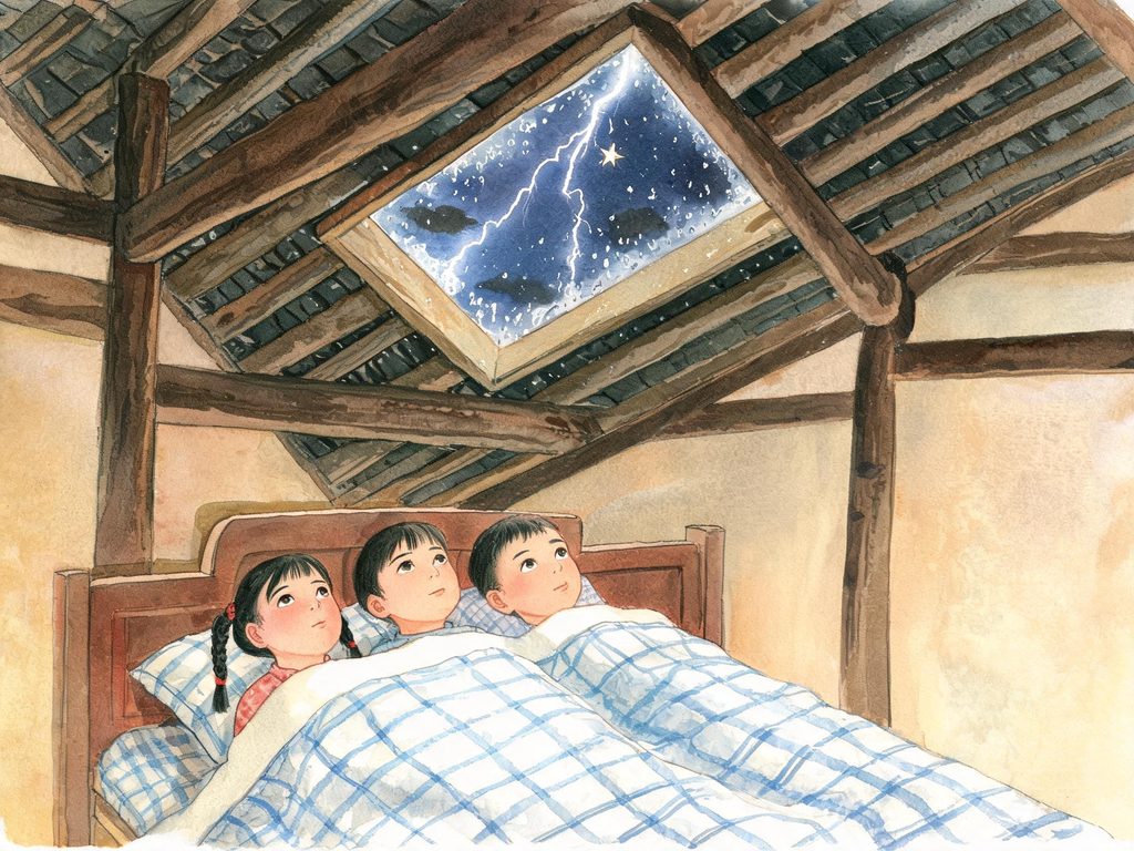 木屋顶上方天窗与雨夜的画面